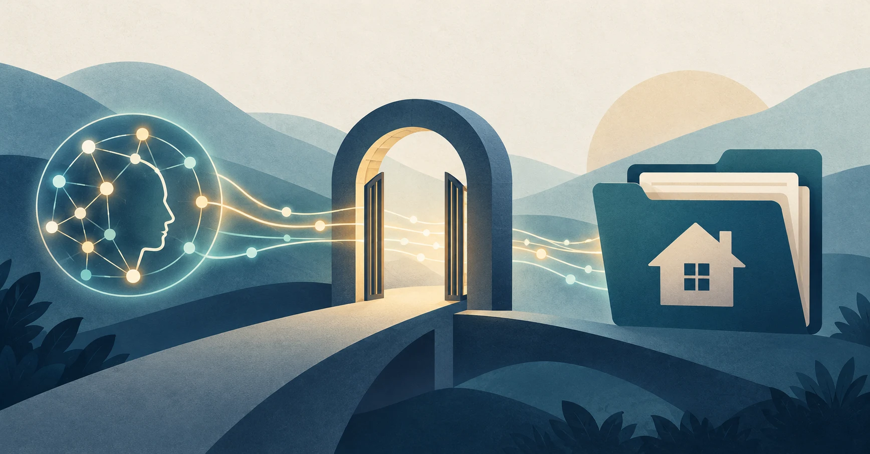 Abstract gateway connects an AI network with a mortgage folder, illustrating controlled access