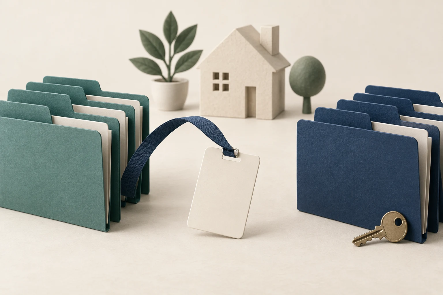 Identity badge between folder groups represents reassessing access when a mortgage employee changes roles