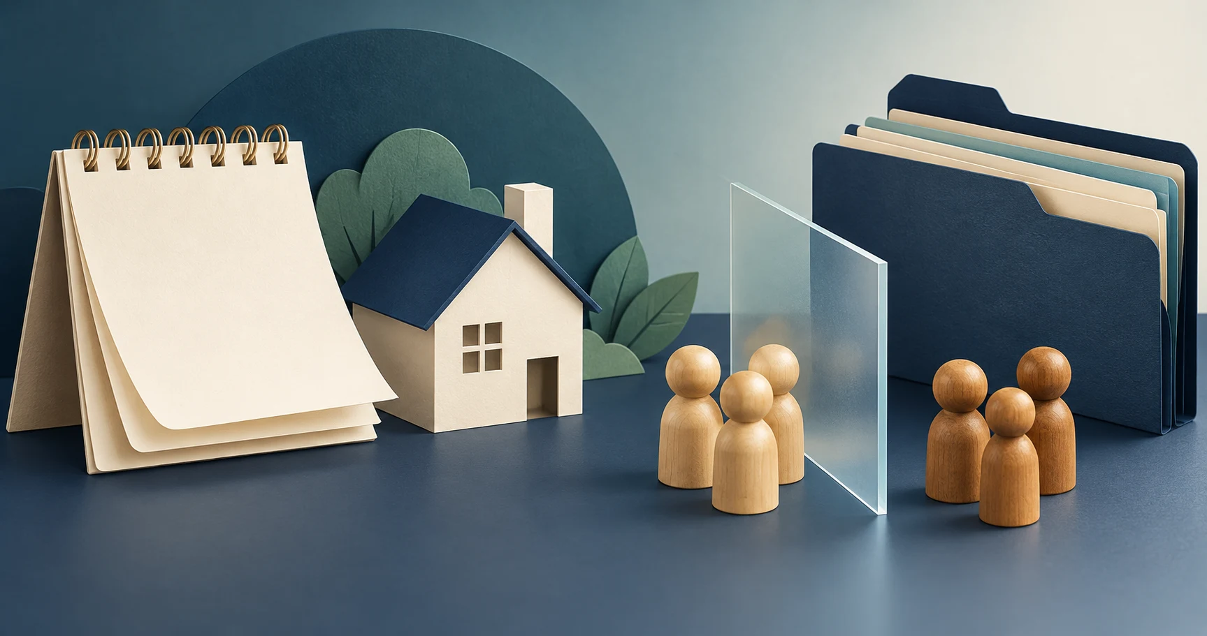 Blank calendar, house model, and organized folders represent timing and coordinated file review