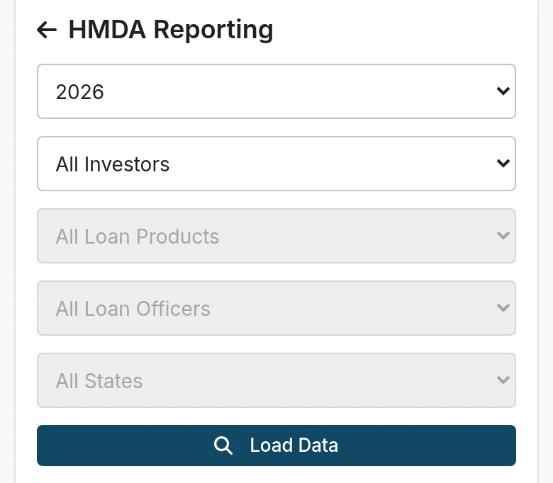 HMDA Reporting page with year, investor, loan product, loan officer and state selectors and Load Data