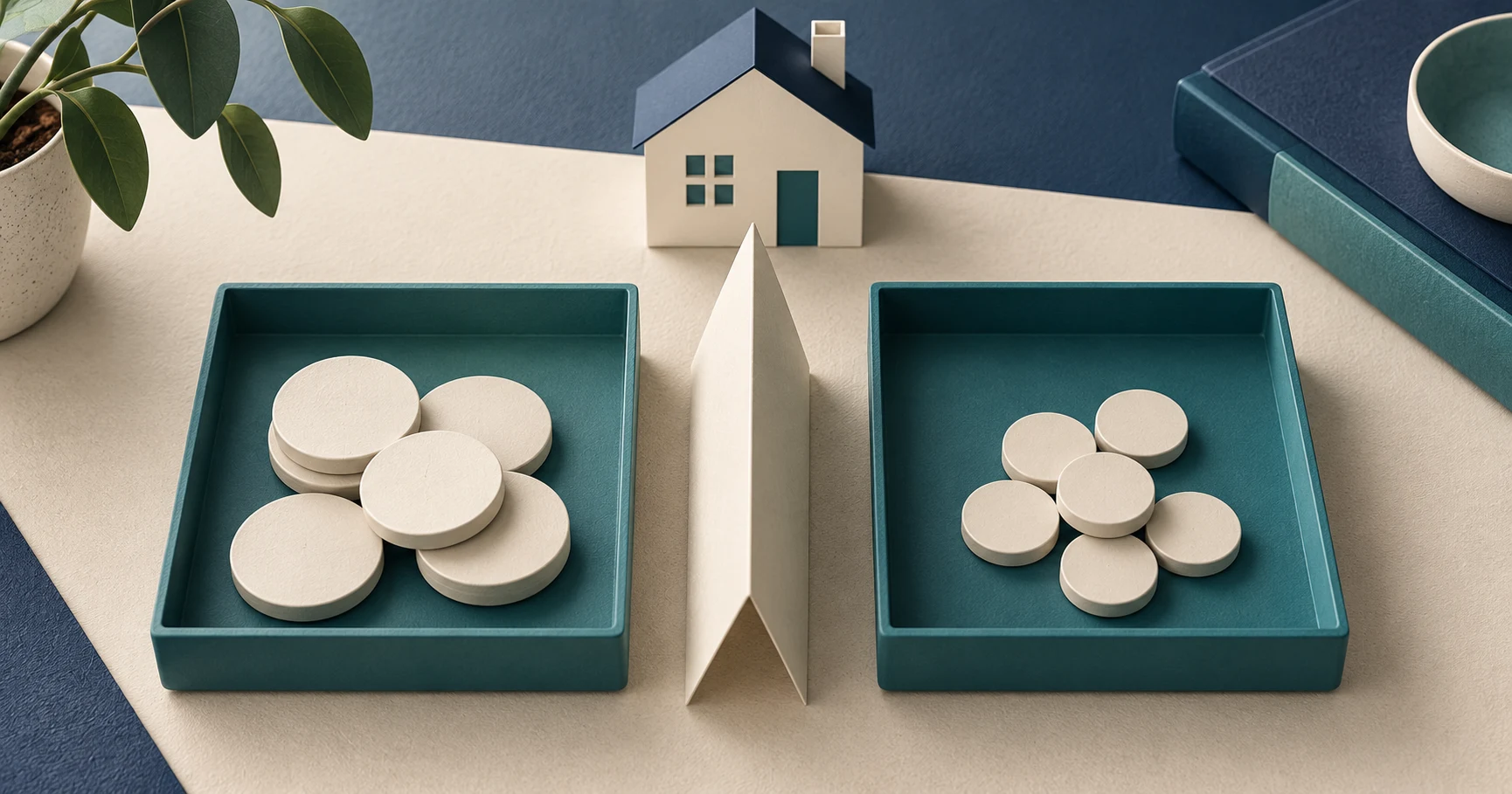 Separate trays beside a house distinguish financed costs from proceeds available toward the purchase