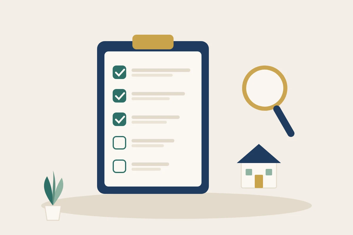 Clipboard with partly completed checklist beside a magnifying glass and small house model