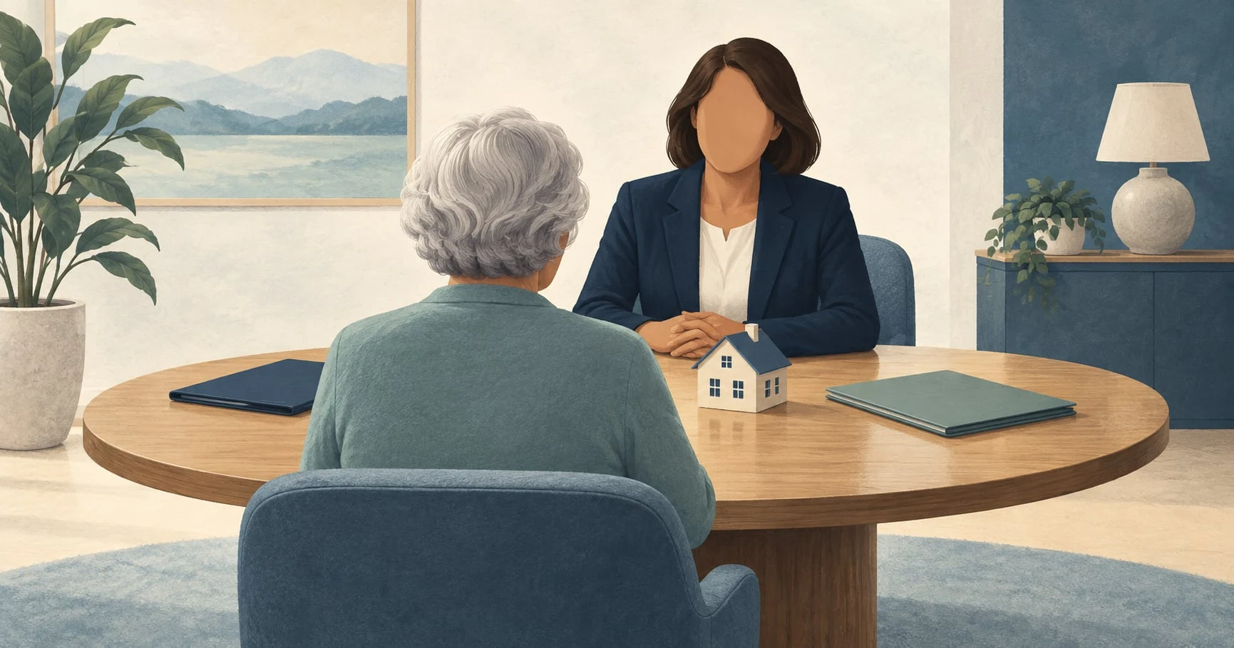 Anonymous older adult and counselor discuss housing choices beside a small house model