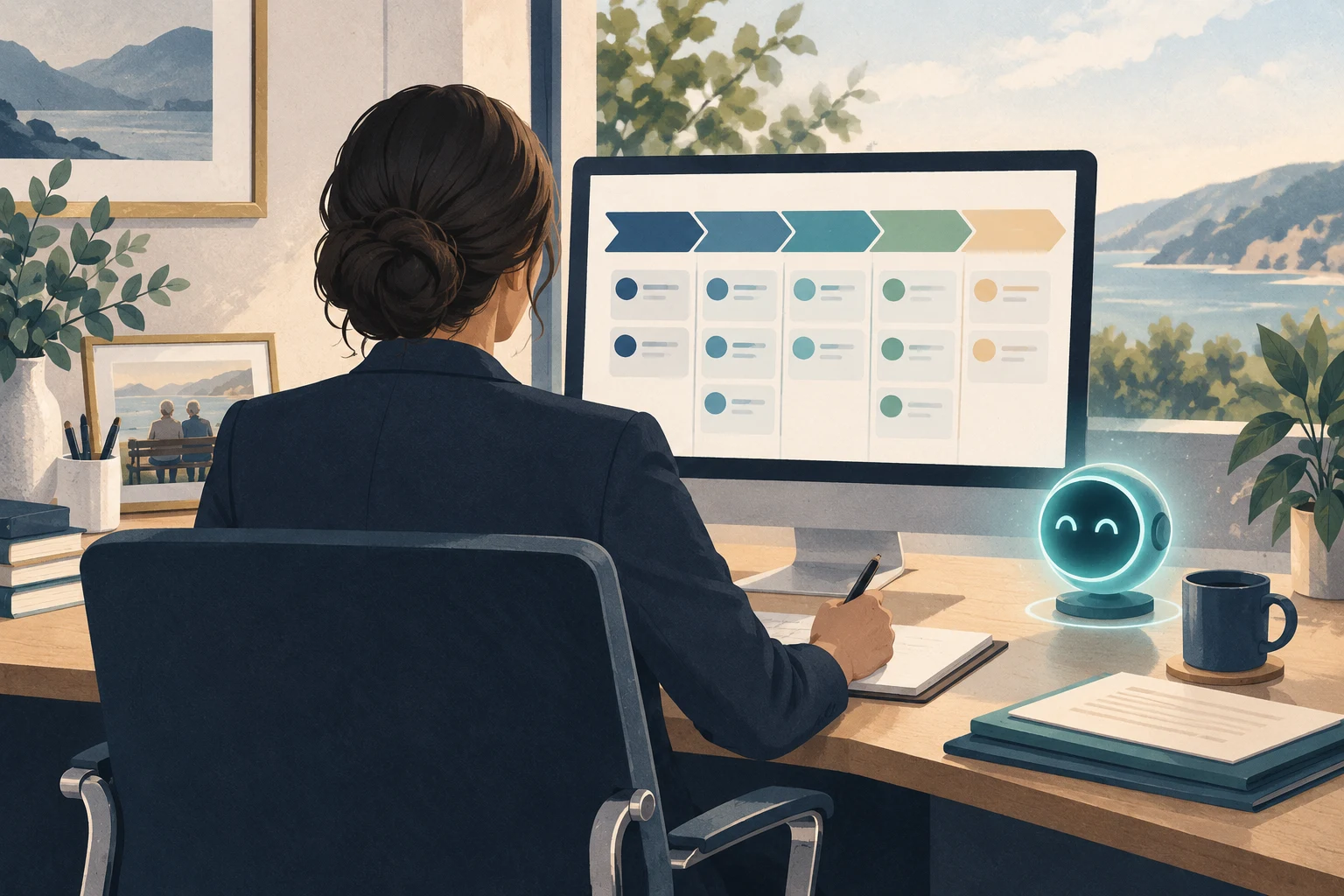 Loan officer reviews an abstract pipeline with an AI assistant beside the monitor