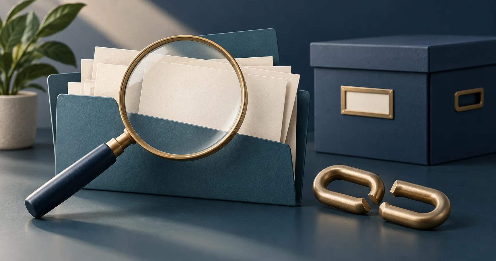 Magnifying glass and separated chain links illustrate unresolved evidence in an archive retrieval review