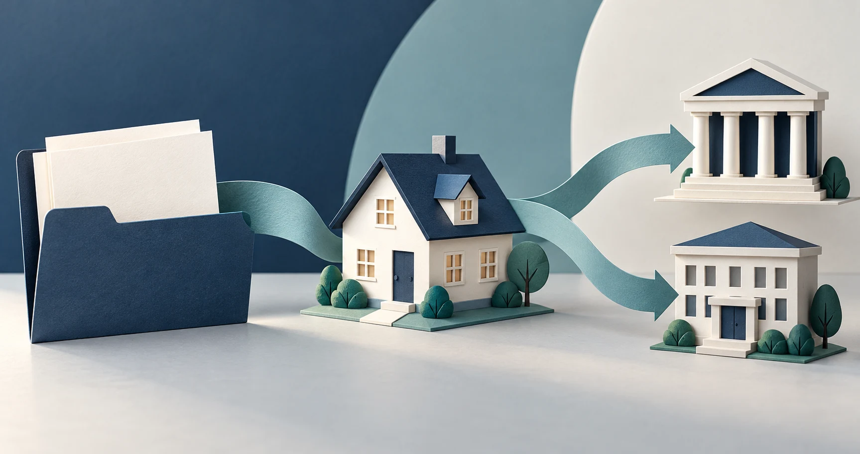 Paper paths connect a house and folder to institutions receiving covered bill payments