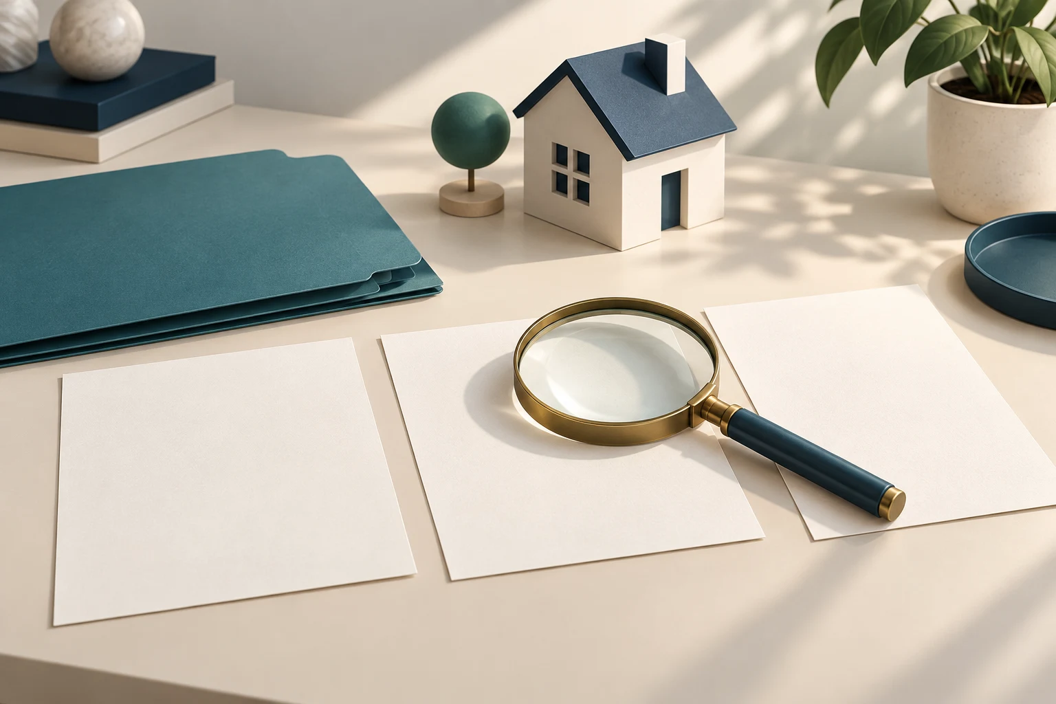 Magnifying glass spans separate papers representing matching vendor orders, delivered reports, and invoices