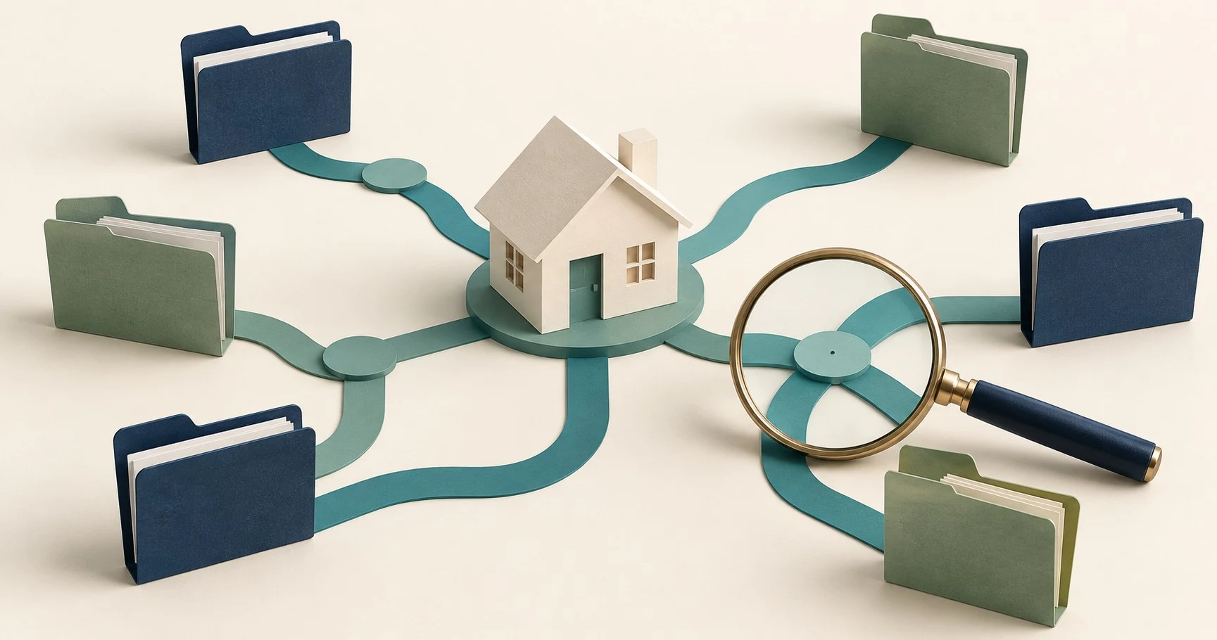 House model and connected folders illustrate testing the links between mortgage workflow stages