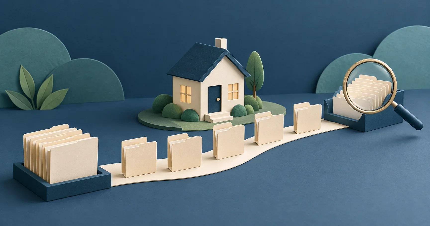 House and organized folders illustrate checking completed mortgage work along an approved workflow