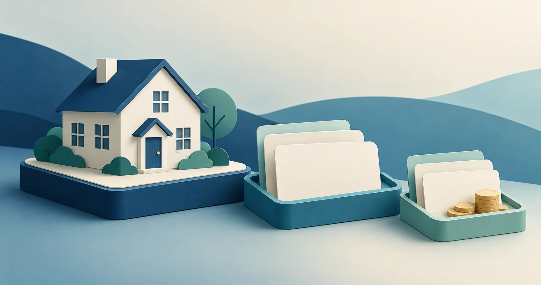 House model and descending document trays separate home value, borrowing capacity, and remaining proceeds