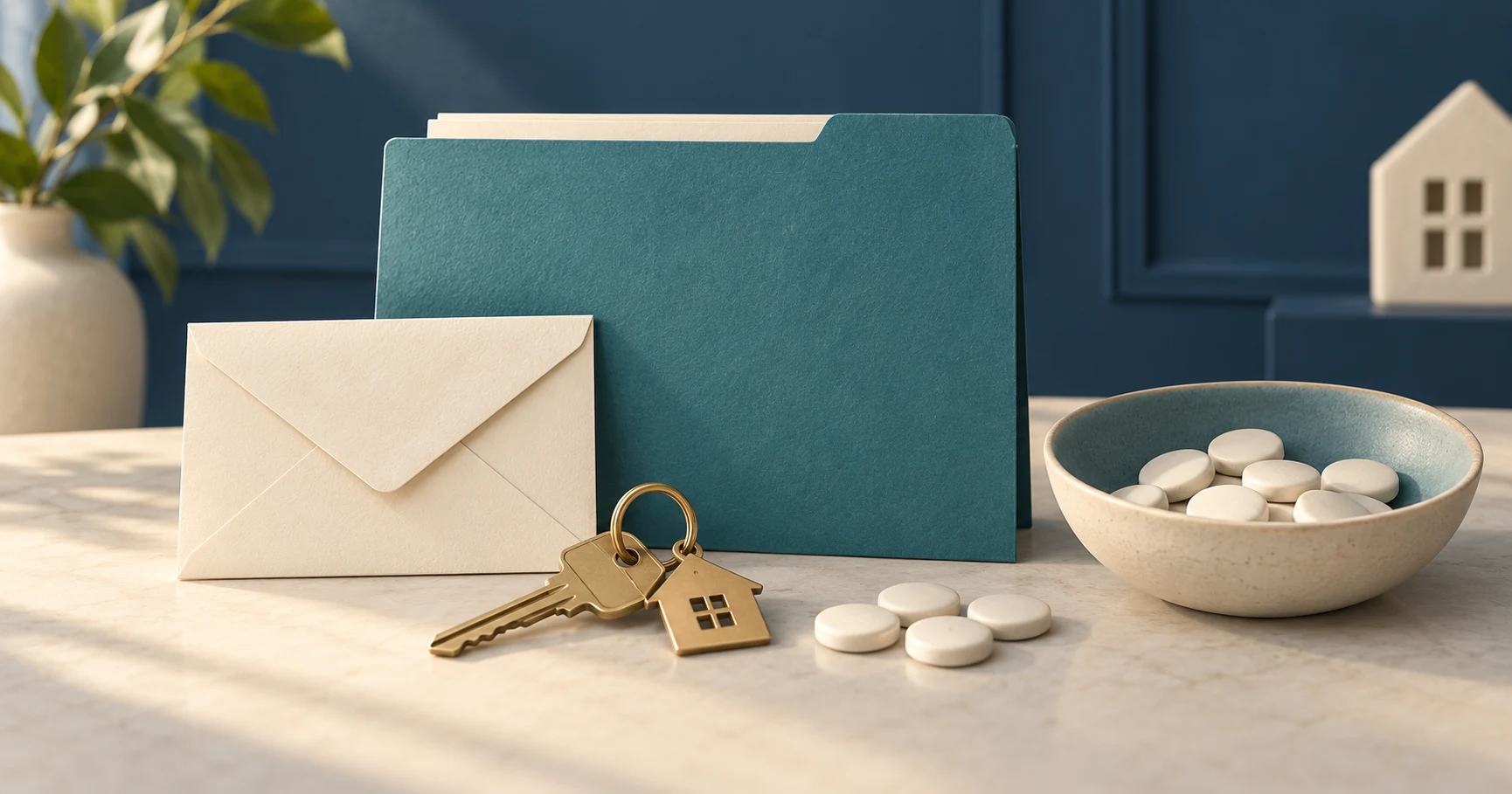 Envelope and house keys beside separated tokens represent an earlier deposit and remaining funds