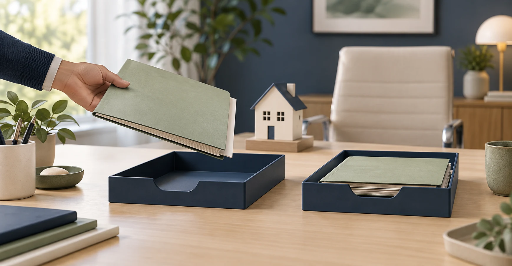 Folder held above an empty tray represents a processing handoff awaiting an assigned receiver