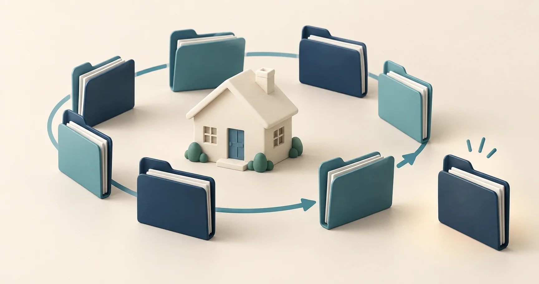 House model surrounded by folders illustrates repeated work returning through a mortgage workflow