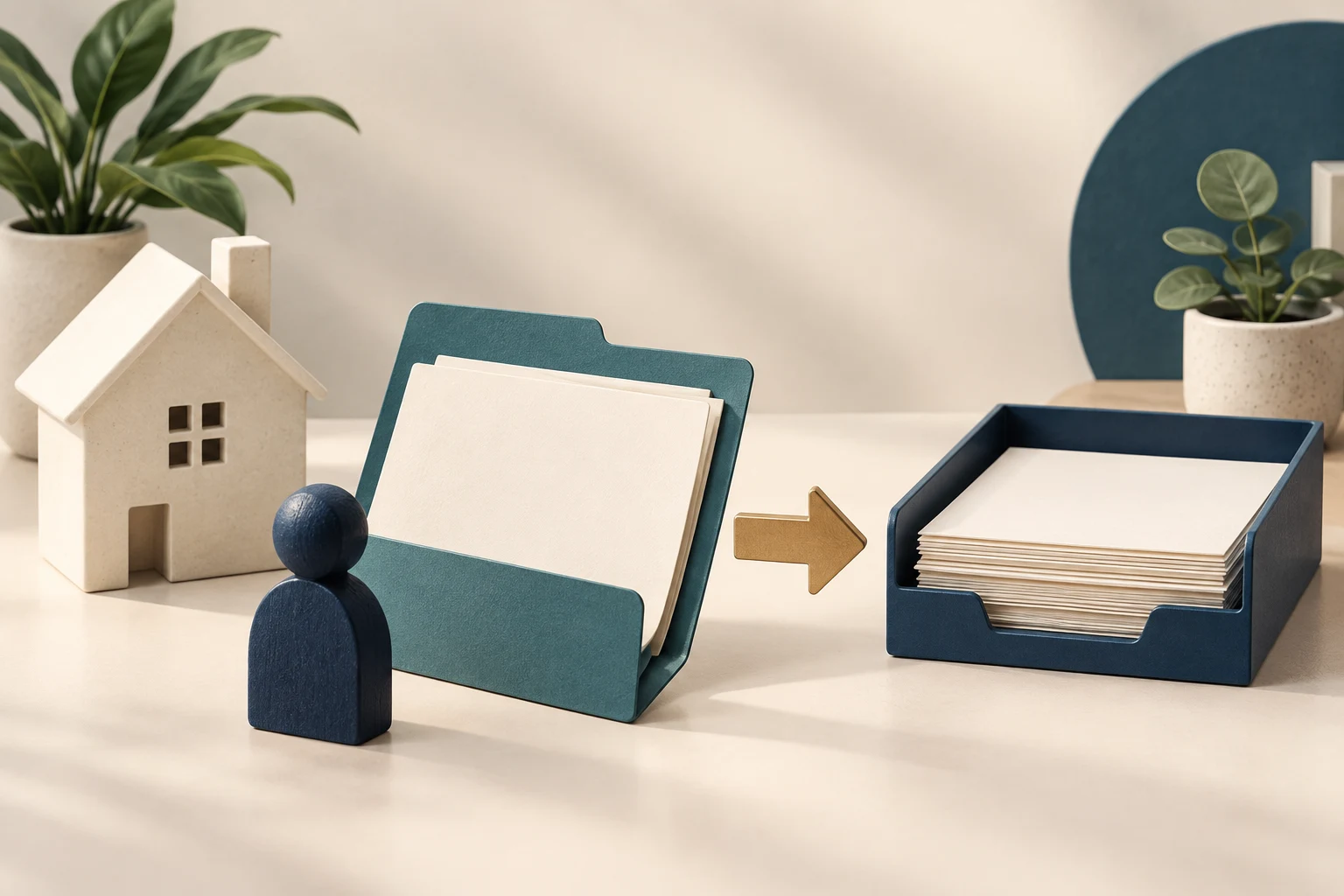 Folder, owner marker, and arrow illustrate assigning the next action to move a mortgage file forward