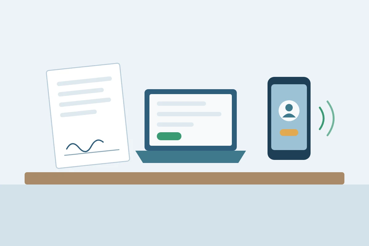 Paper form, laptop and phone on a desk showing the three ways a servicer can collect occupancy confirmation