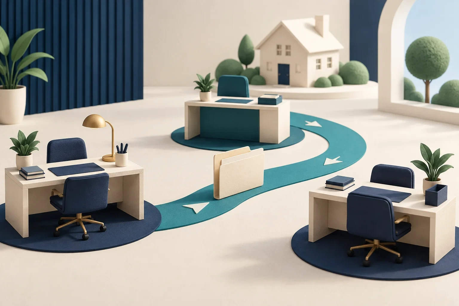 Folder travels between workstations to illustrate mortgage file handoffs across team roles