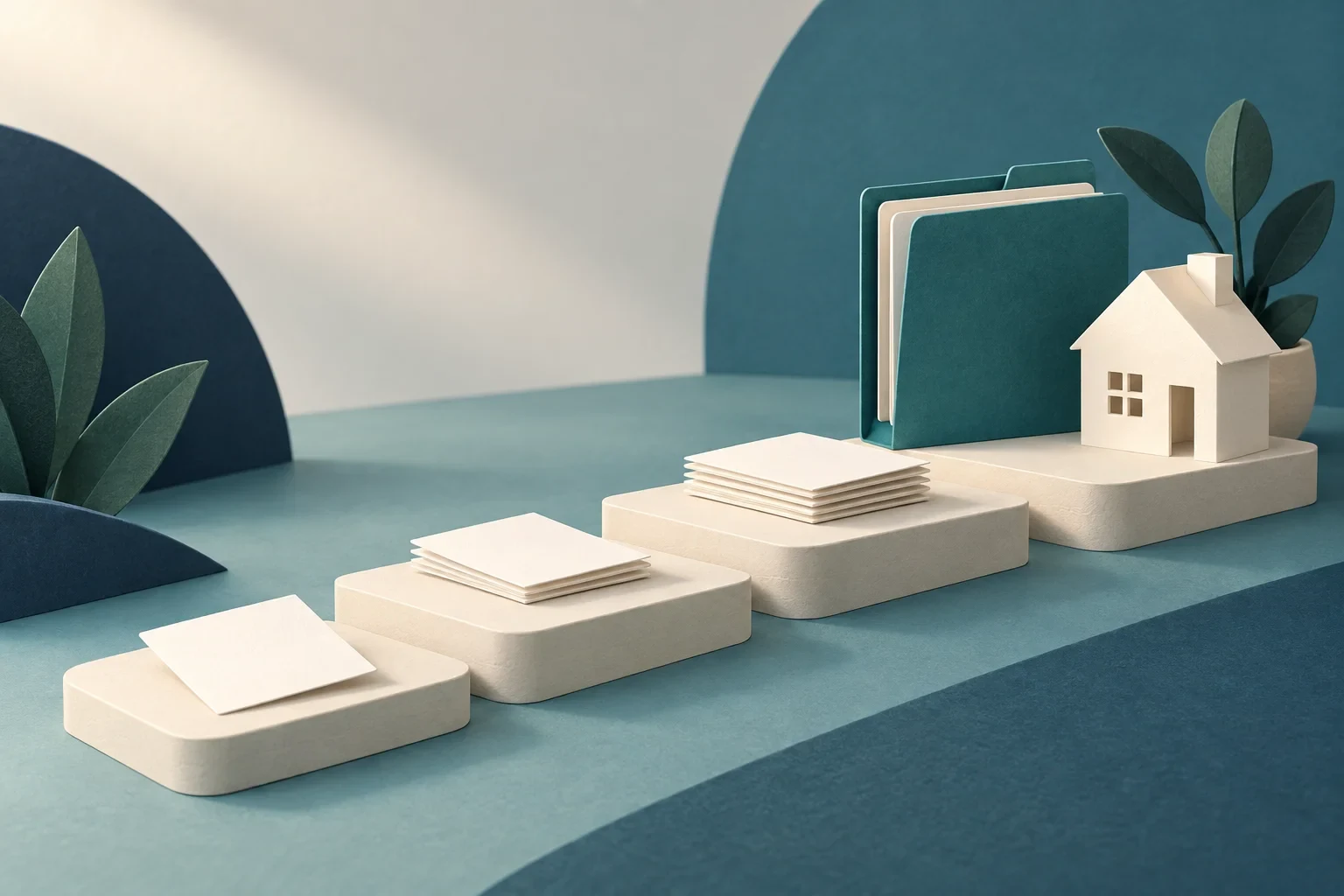 Stepped platforms lead toward a house and folder, illustrating progress toward reviewed task readiness