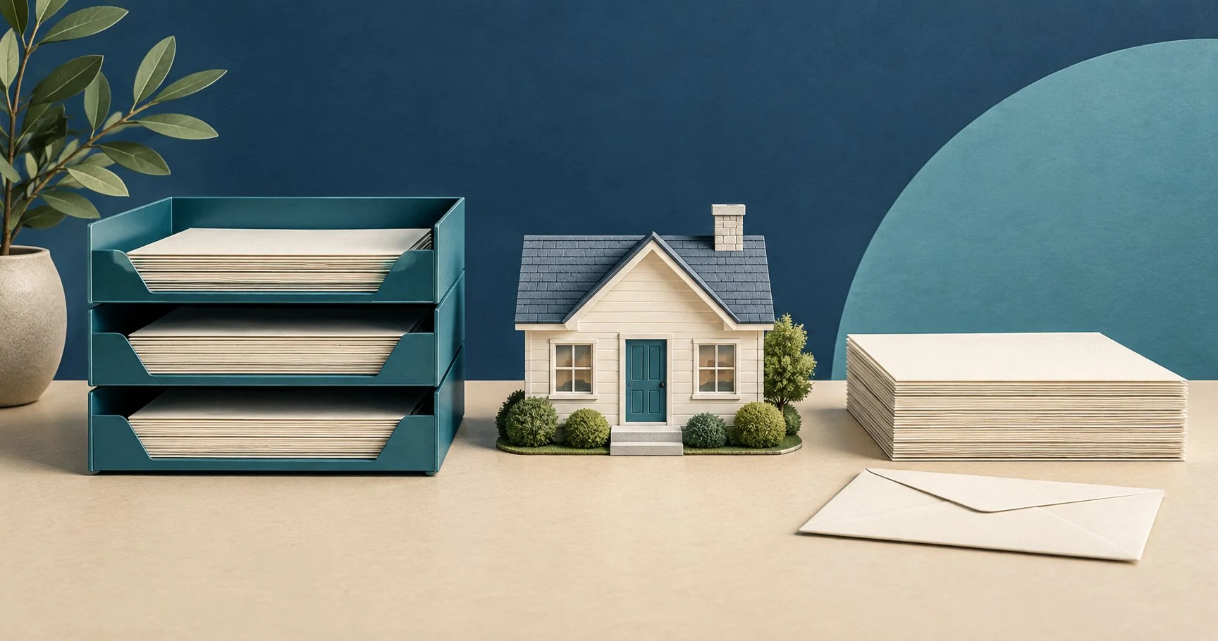 Organized document trays and a house model represent clear reverse mortgage document requests