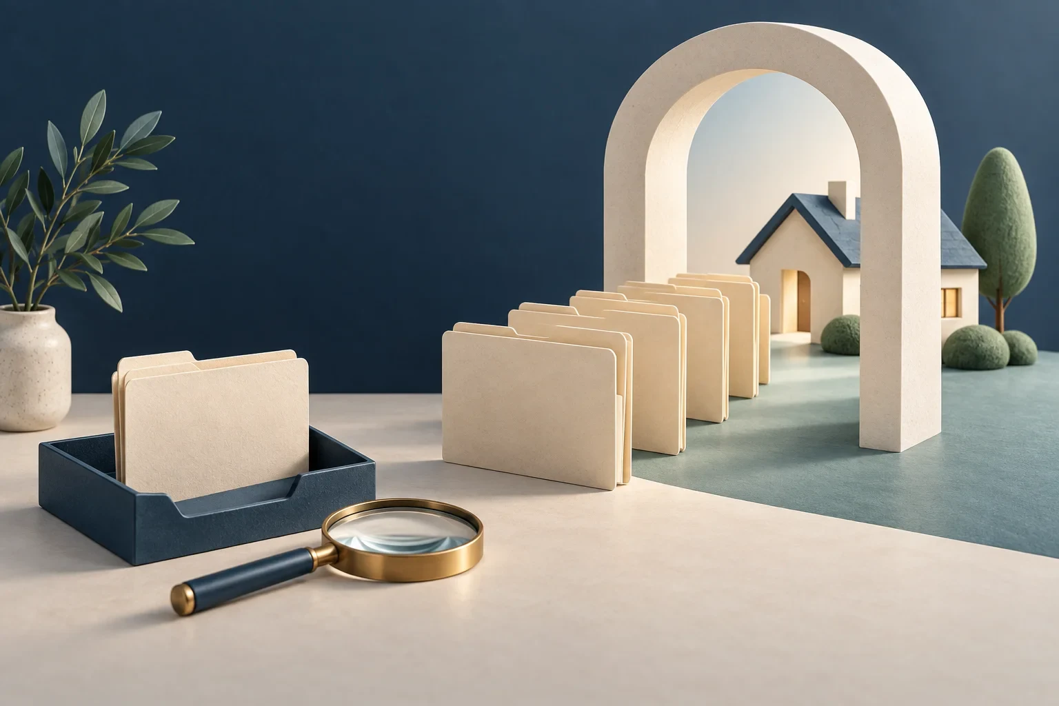 Folders pass through an arch while one remains separate for review before migration acceptance