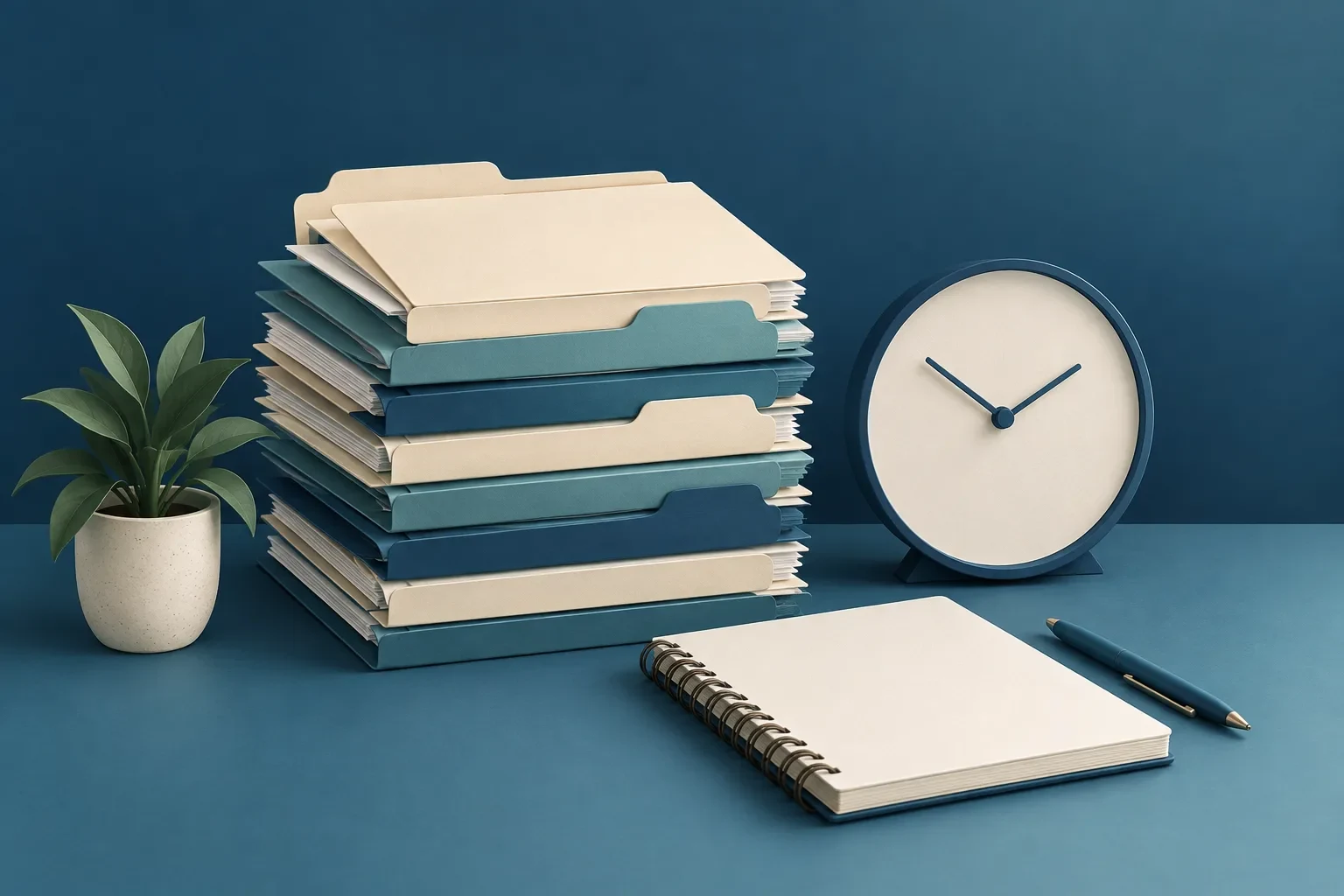 Organized folders and an unmarked clock represent prioritizing interrupted mortgage work