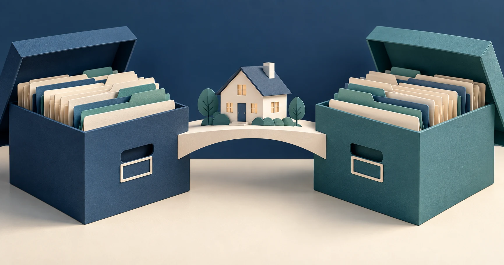 Archive boxes connected by a bridge represent planning how mortgage records could move between systems