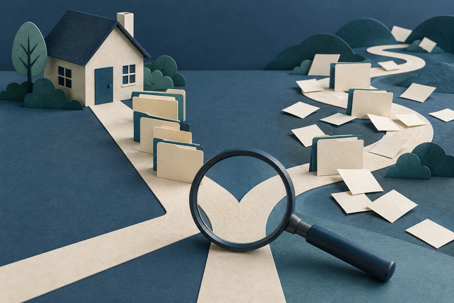 Forked paths and scattered folders illustrate investigating alternate routes through mortgage work