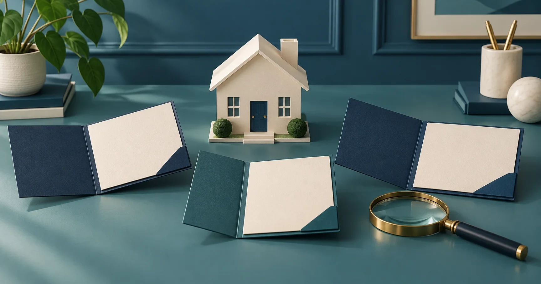 House model and blank folders represent preparing a structured mortgage software evaluation