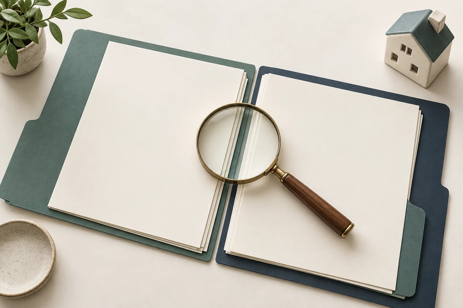 Magnifying glass over paired folders illustrates review of final records before a servicing handoff