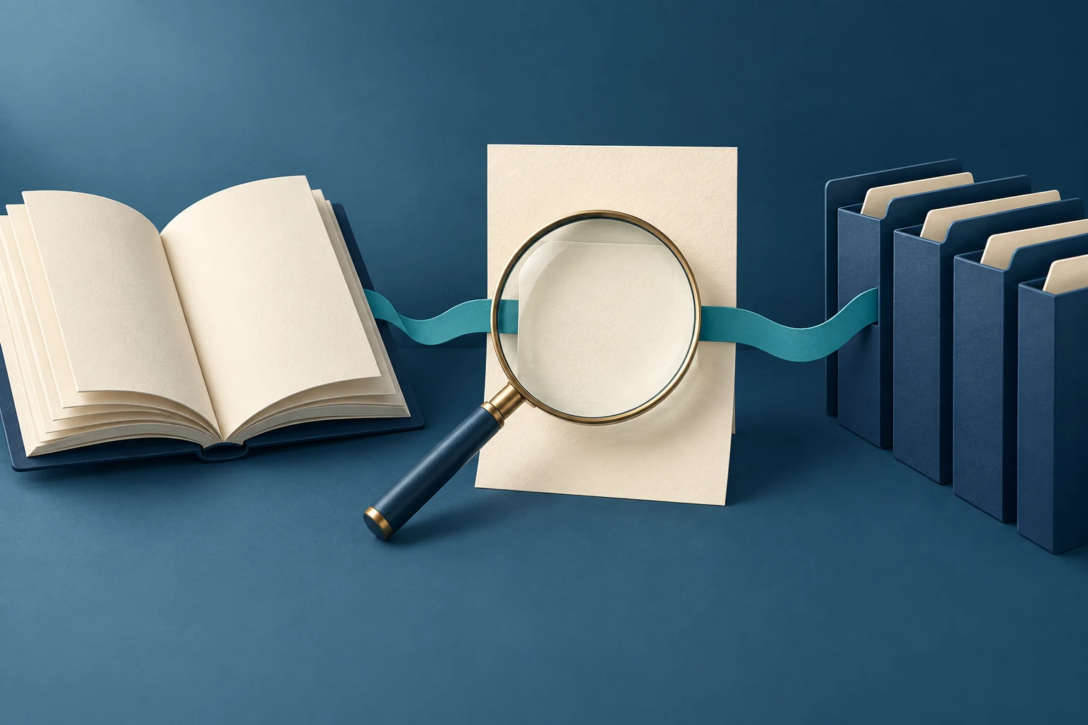 Magnifying glass connects a reference book and folders to illustrate checking source evidence