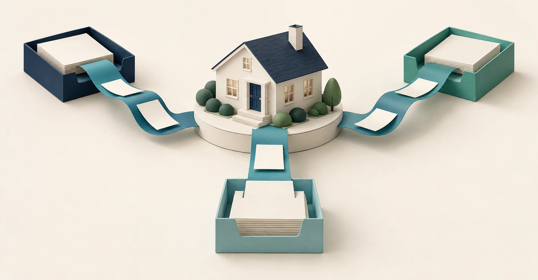House model and connected document trays illustrate distinct boundaries in a mortgage software integration
