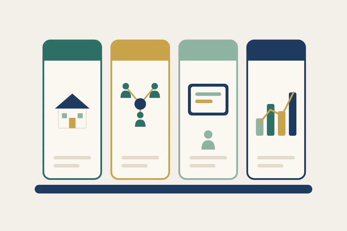 Four side-by-side lanes showing a house, a broker network, a portal and a chart on one shared base