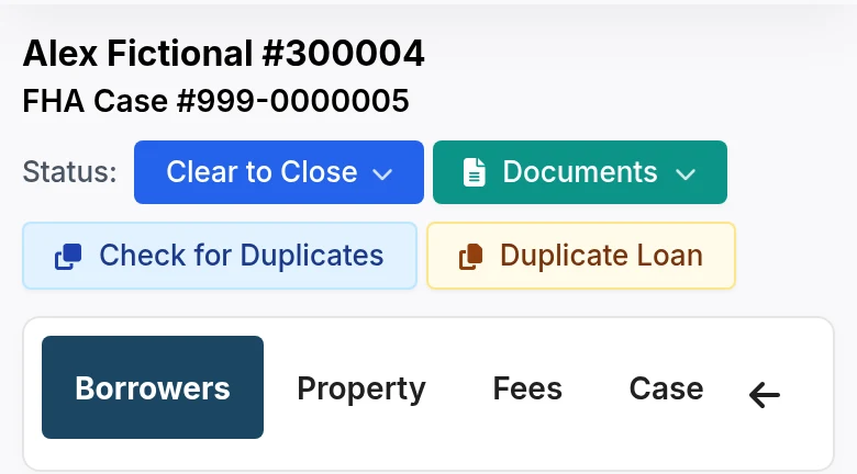 Loan header with status button, Documents menu and tabs from Borrowers through Date Tracking