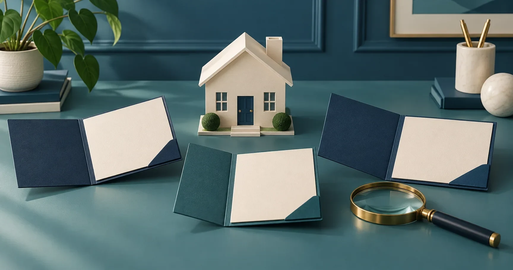 House model and blank folders represent preparing a structured mortgage software evaluation