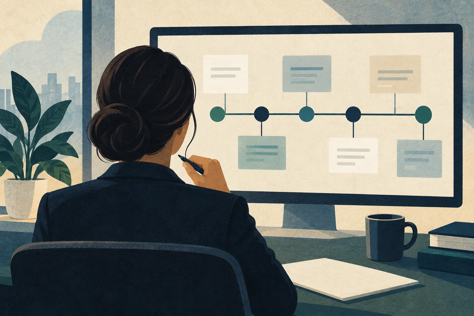 Operations reviewer examines an abstract activity timeline to trace changes to loan files