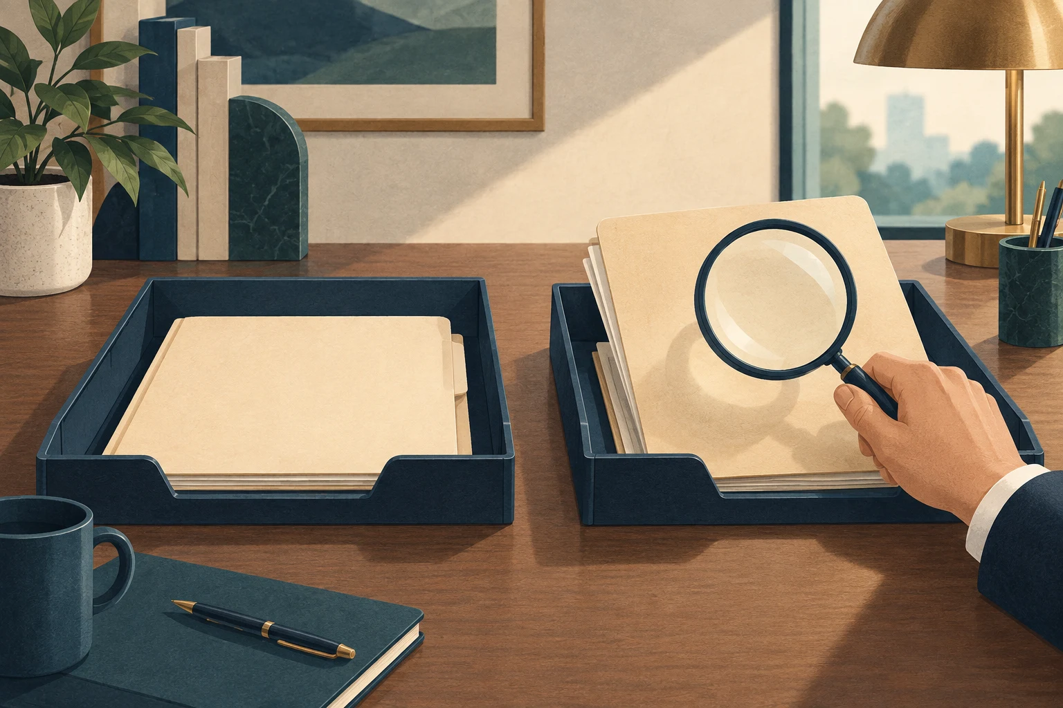 Separate document trays distinguish received evidence from a file being reviewed