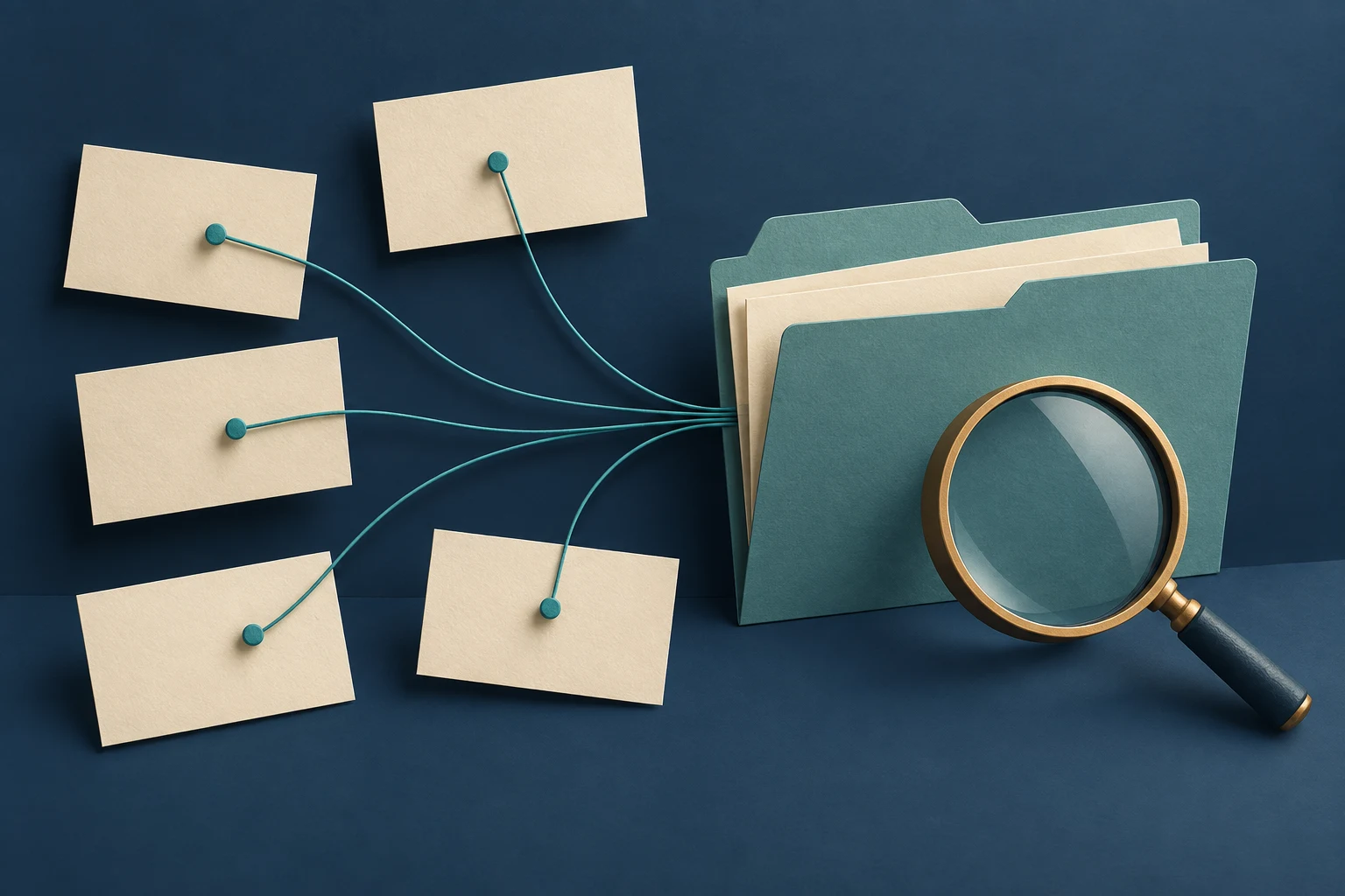 Blank claim cards connect to a shared folder representing the evidence behind advertising statements