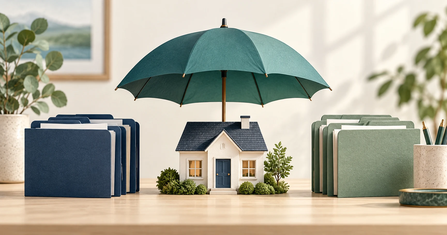 Model house sheltered by an umbrella beside folders representing organized property-charge records