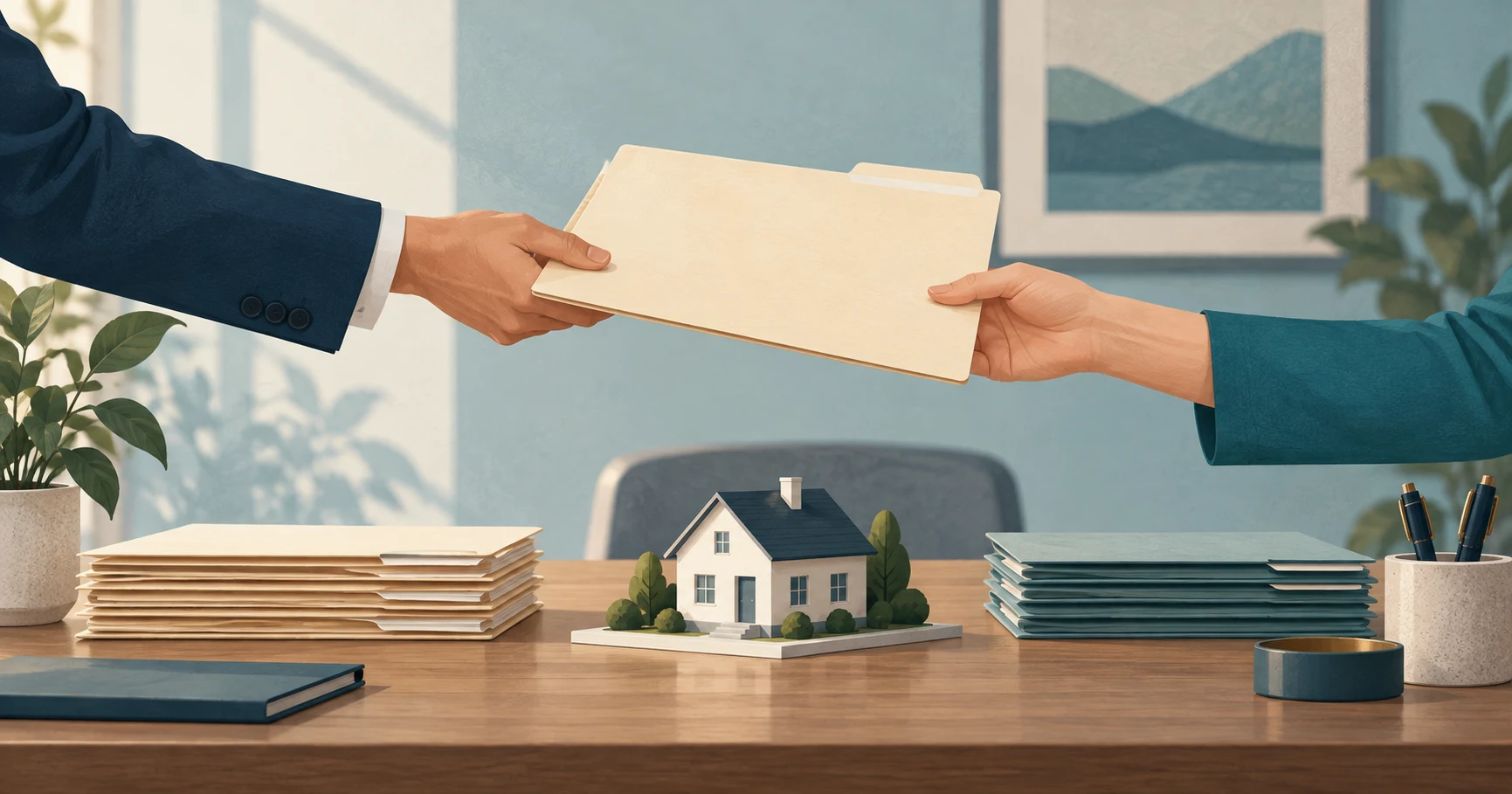 Anonymous colleagues passing a mortgage file beside a small house model
