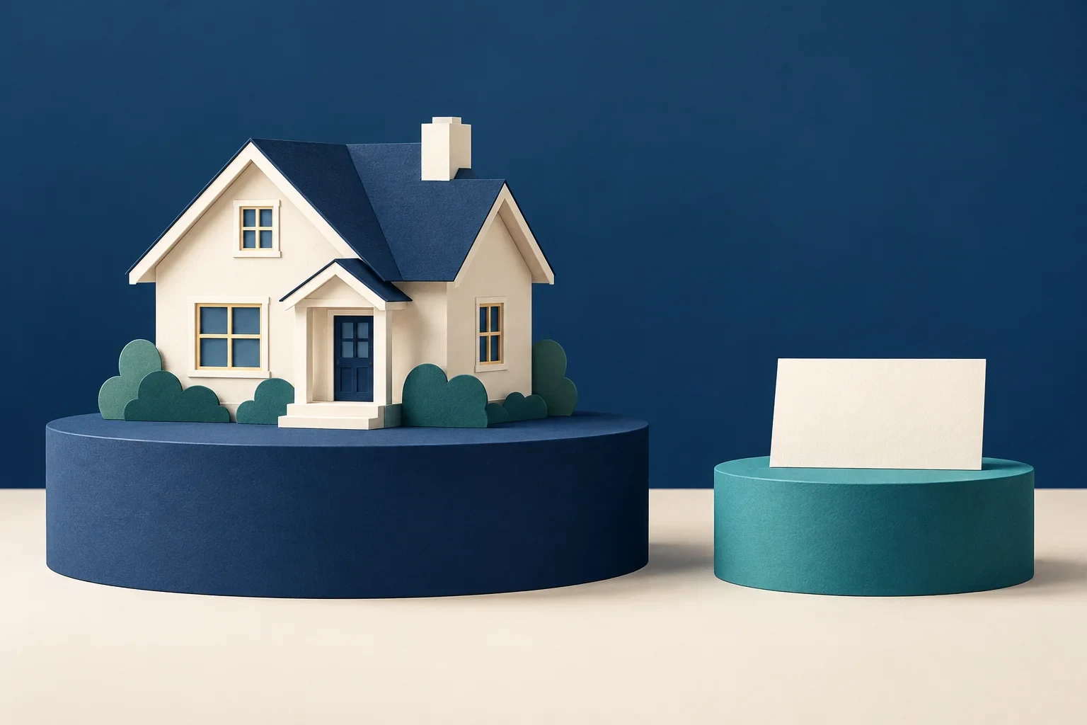 House on a broad platform contrasts with a smaller card representing the calculation base