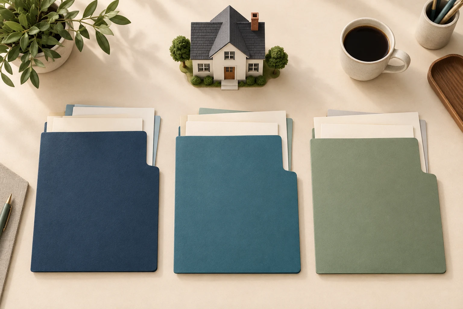 Separate folders and a house model illustrate organizing tax and insurance evidence