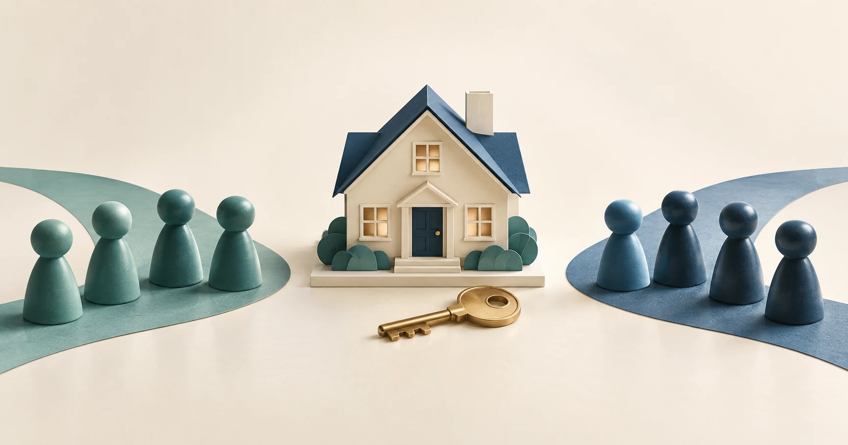 Model house and key between colored tokens representing two sources of purchase funds