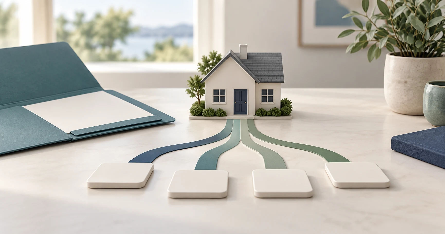 House model beside blank branching tiles illustrates options for future borrowing