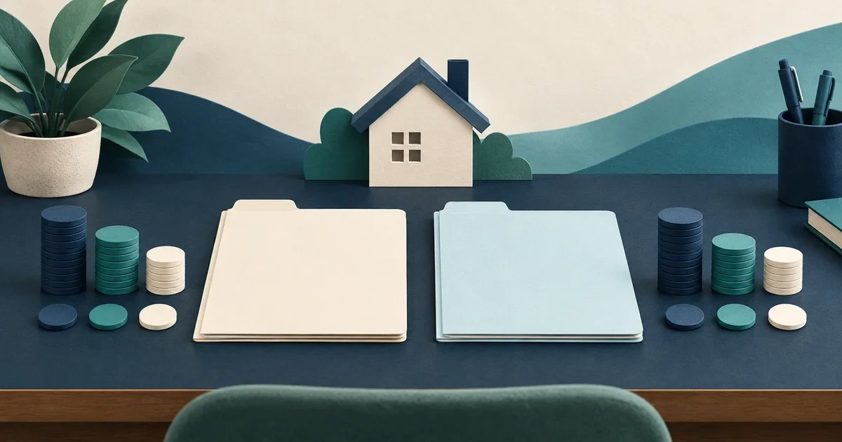 Two quotation folders and token stacks beside a house model represent software cost comparison