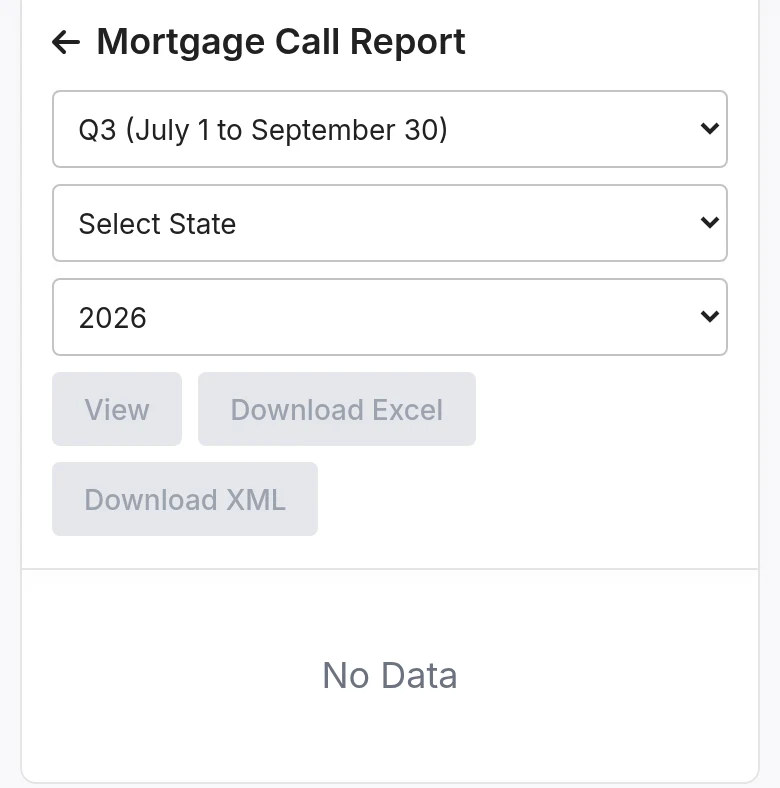 Mortgage Call Report page with quarter, state and year selectors and View, Download Excel and Download XML