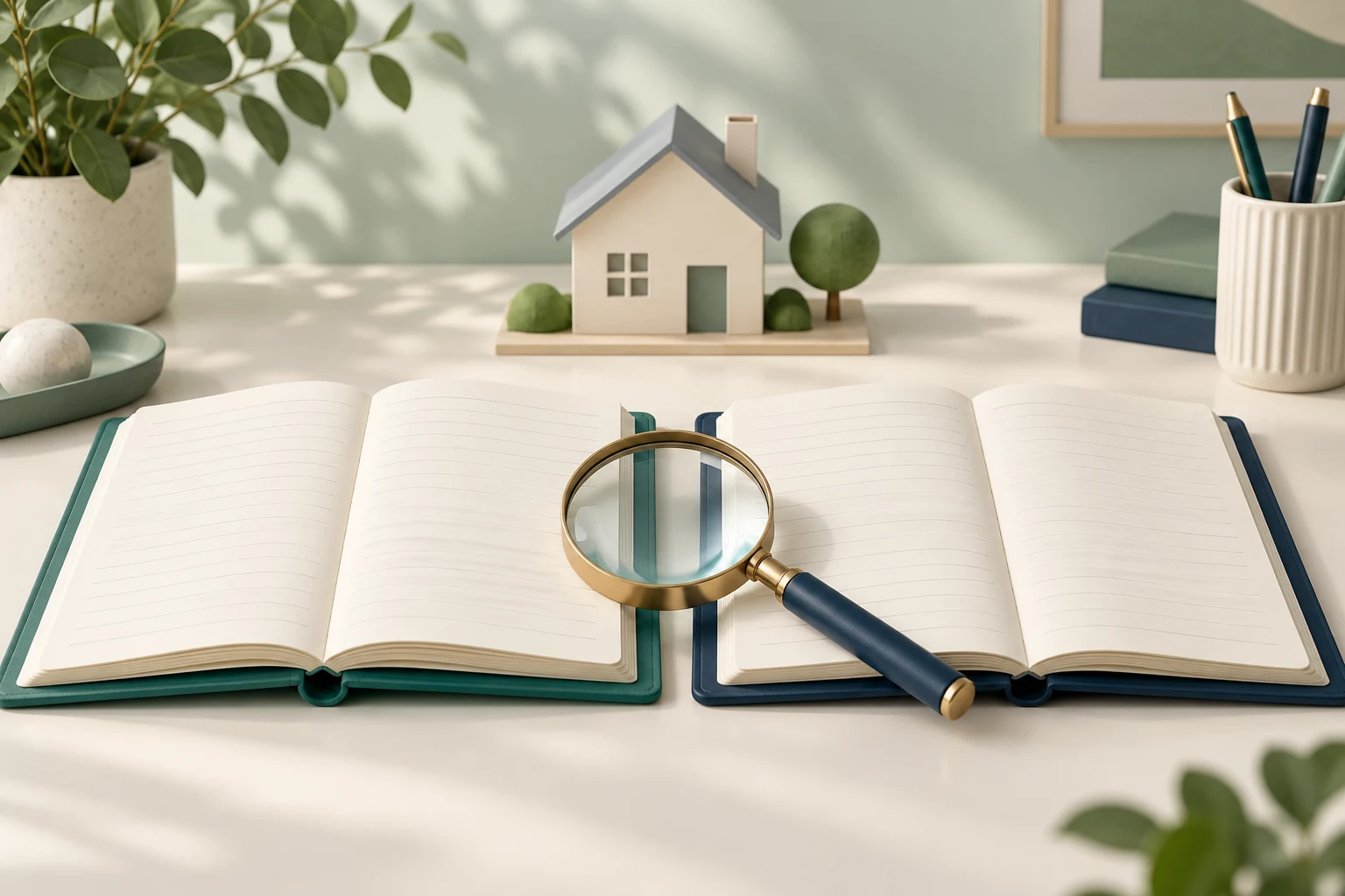 Magnifying glass across separate ledgers represents comparing credit availability and loan balance records