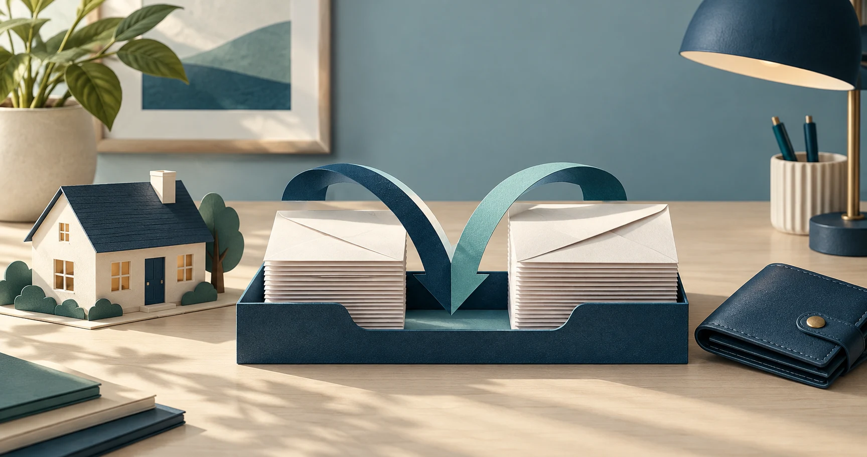 Wallet and separate envelope stacks illustrate combining household funds with scheduled distributions