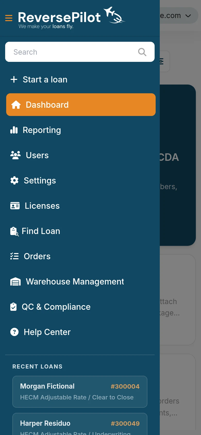 Expanded ReversePilot menu listing Start a loan, Dashboard, Reporting, Users, Settings, Find Loan and Orders