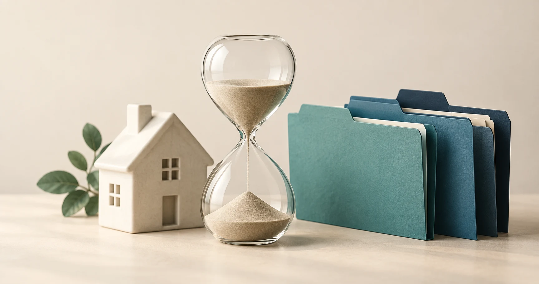 House model, hourglass, and organized folders represent elapsed time across a reverse mortgage pipeline