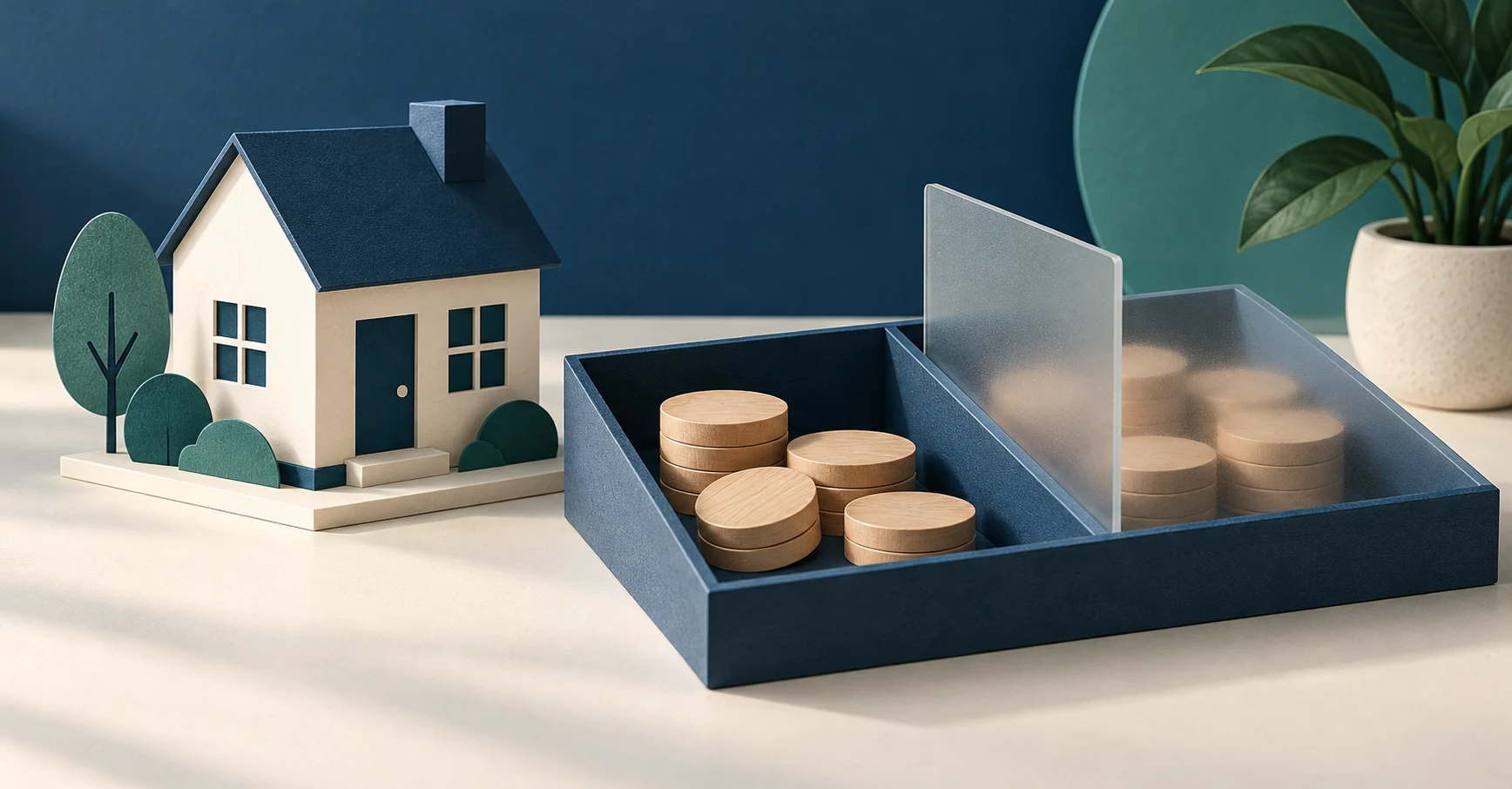 House model beside divided token trays illustrates borrowing capacity with staged access