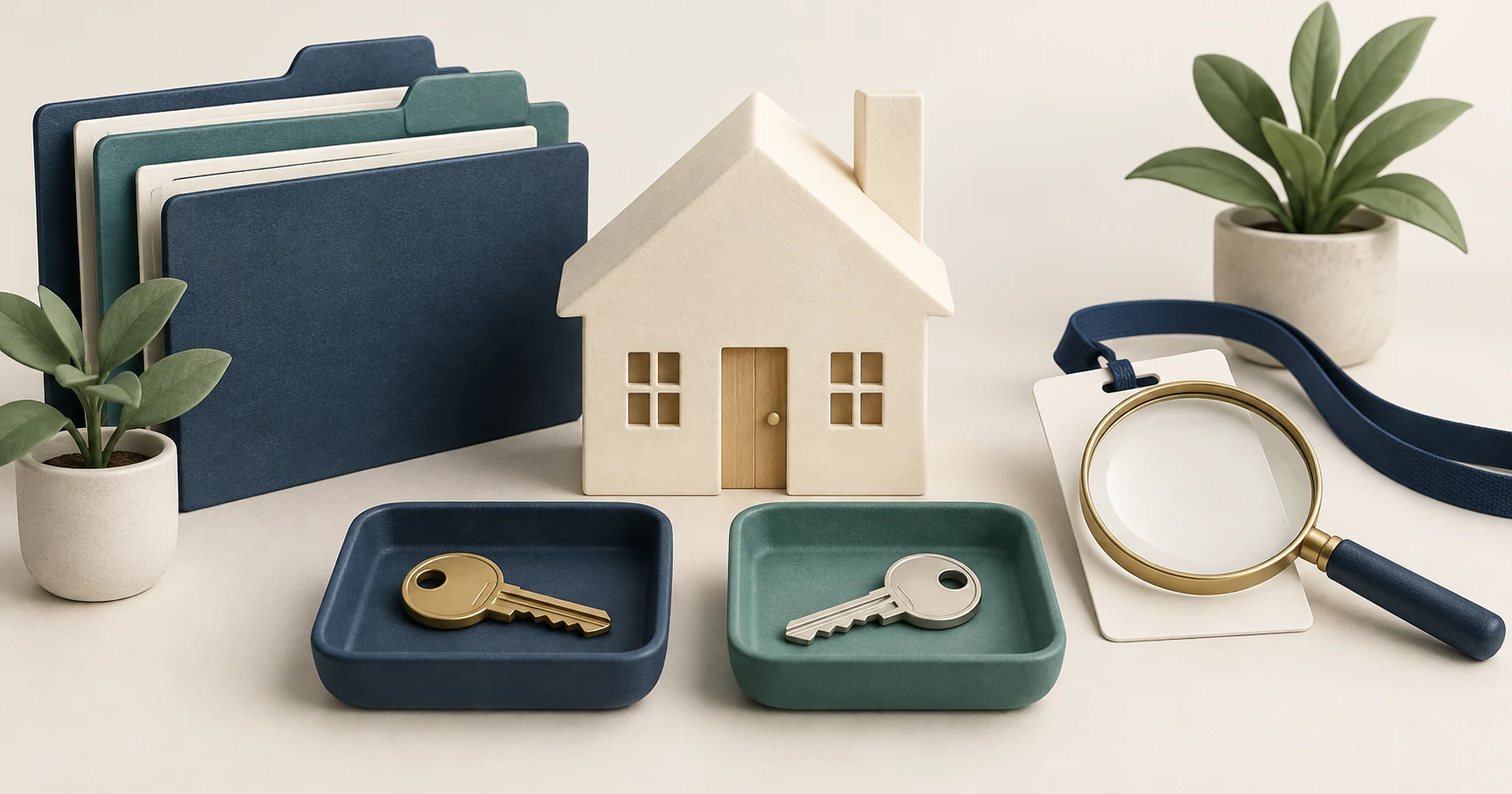 House model, keys, and blank identity badge illustrate reviewing access to mortgage files